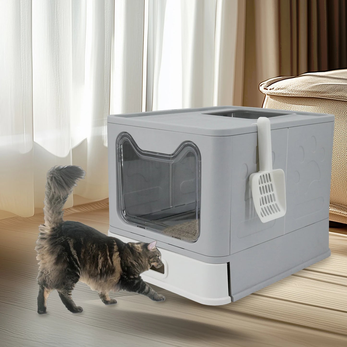 Bingopaw Stainless Steel Cat Litter Box with Lid Front Entry and Top Exit Toilet Box with Litter Scoop for Kittens,Easy Cleaning