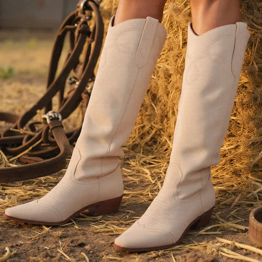 Vintage Cowgirl Western Boots Knee High Chunky Block Heel Embroidery Retro Casual Fashion Luxury Bridal Women Ridding Shoes