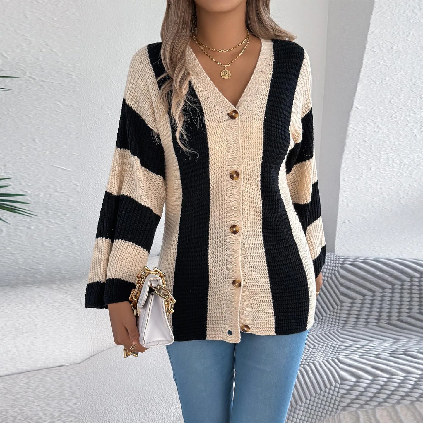 Women'S Contrast Striped Flared Sleeve Cardigan Long Sleeve Sweater Winter Clothes Woman Cardigan Mujer Pulls Femmes New