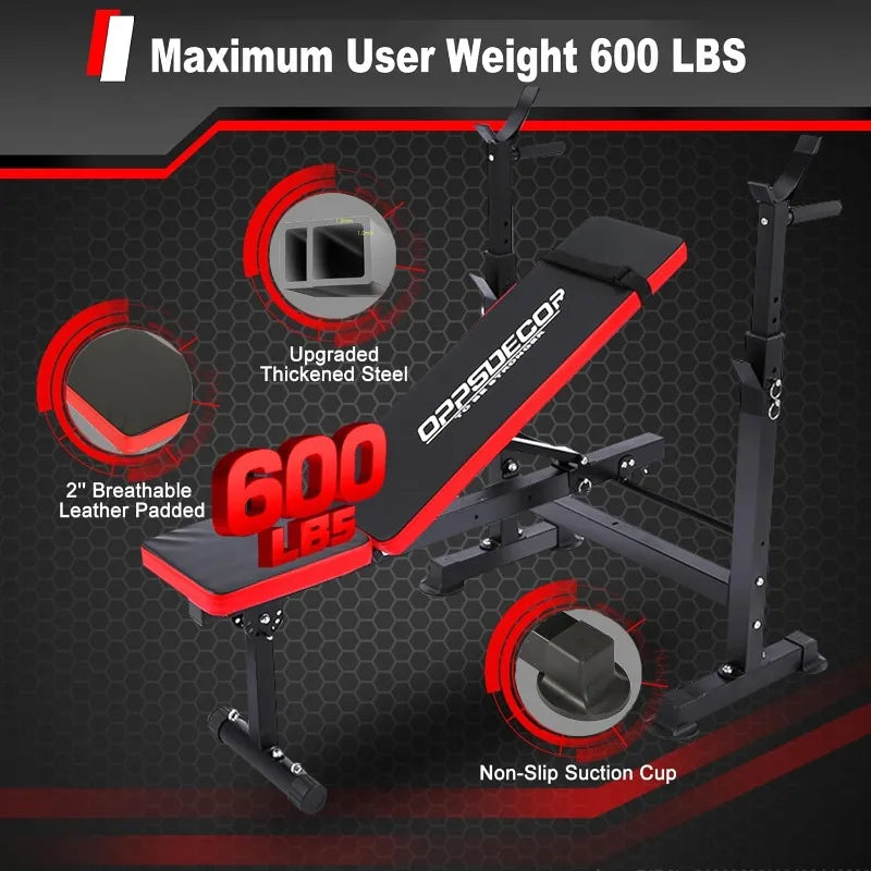 OPPSDECOR 6 in 1 660lbs Weight Bench with Leg Extension and Leg Curl, Foldable Bench Press Set and Squat Barbell Rack