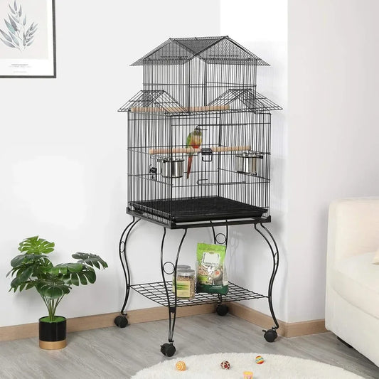 Cage 55-inch Rolling Standing Triple Roof Medium Parrot Cage Pet Bird Cage with Detachable Stand for Cockatiels