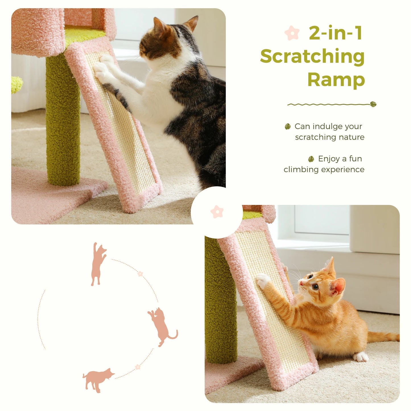 120cm Multi-Level Flower Cat Tree Tower with Sisal Scratch Posts Ramp Top Perch and Fluffy Ball for Small to Medium Indoor Cats