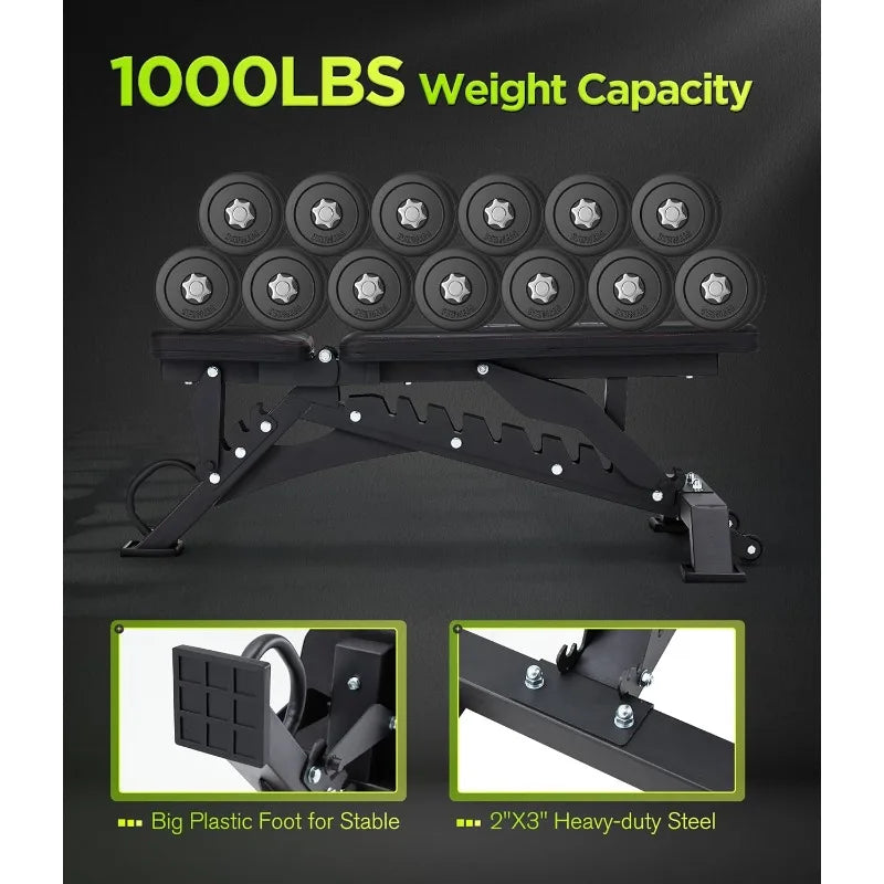 Heavy Duty Weight Bench 1000LB Capacity, Adjustable FID Workout Bench Weight Lifting, Bench Press for Gym and Home Gym