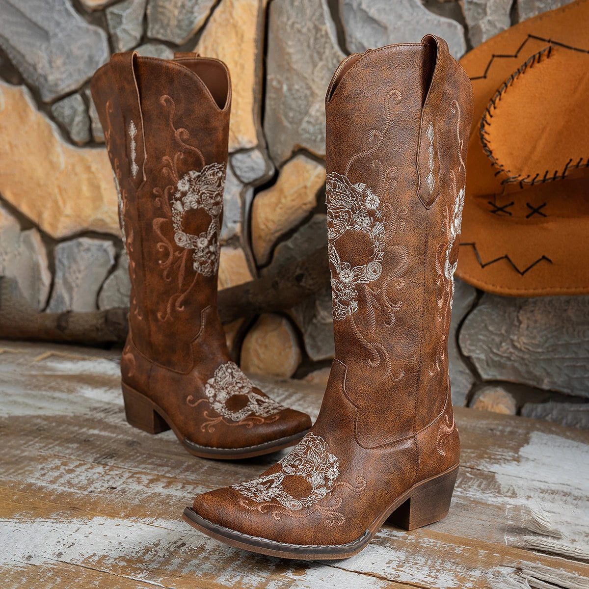 Women’s Embroidered Skull Cowboy Boots – Western Style, Slip-On Mid-Calf Boots, Chunky Heel, Pointed Toe, Vintage Rodeo Cowgirl