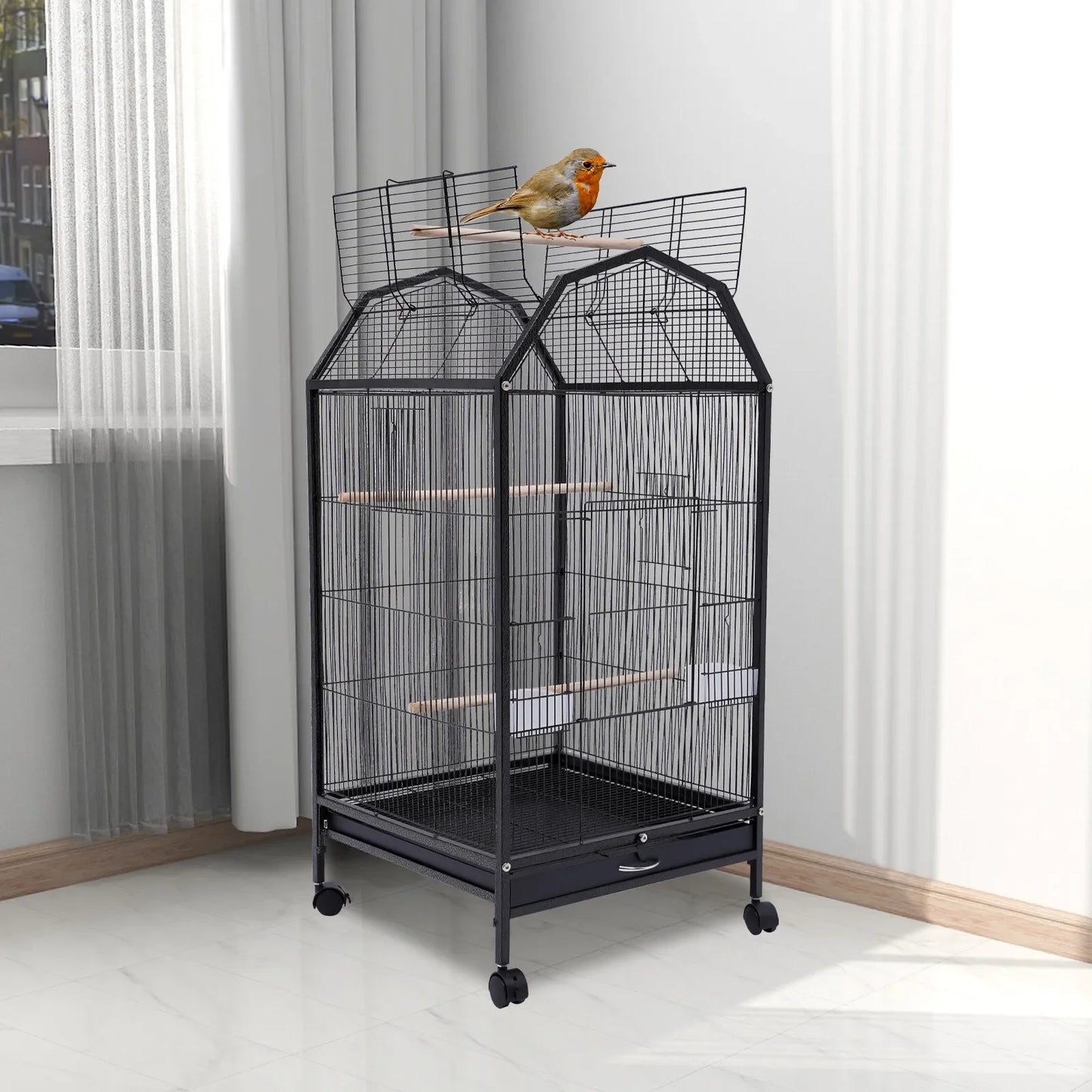 40 Inch Wrought Iron Bird Cage with Open-Top and Rolling Stand, Movable Parrot Cage Pet Bird Flight Cage, 360 Degree View