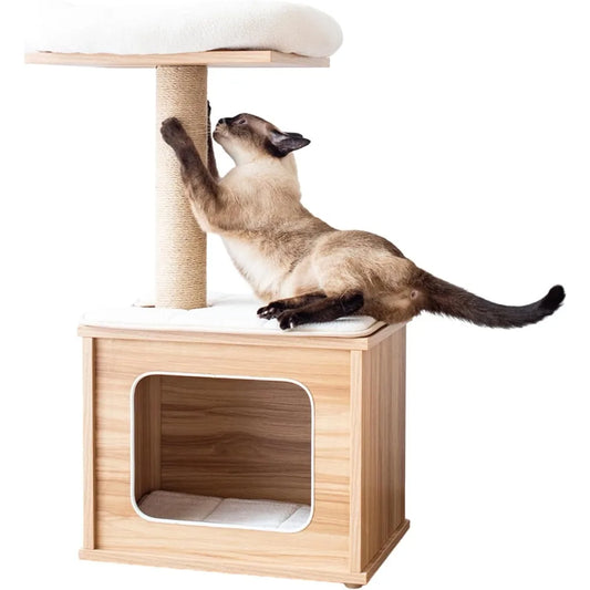 29.7" Tall 3 Level Laminated Wood Cat Tree with Large Base Condo, 2 Paded Steps, Natural Jute Scratching Post, Sturdy