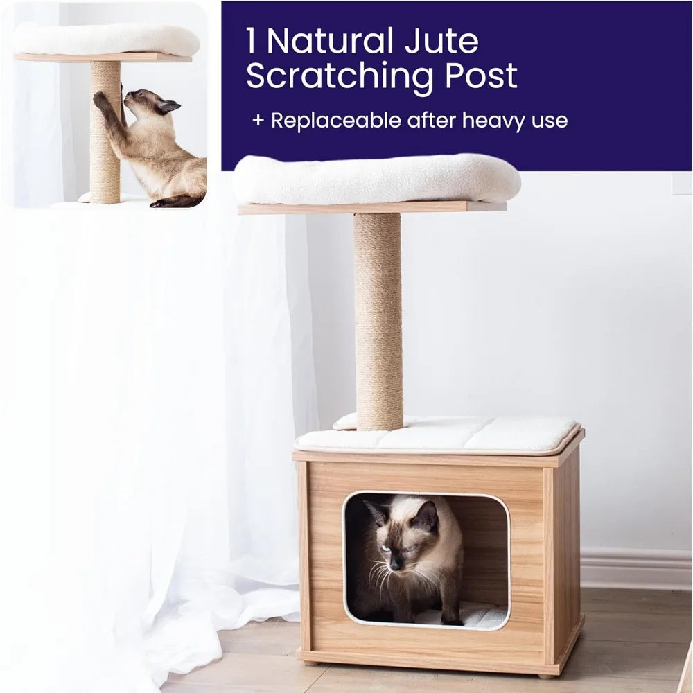 29.7" Tall 3 Level Laminated Wood Cat Tree with Large Base Condo, 2 Paded Steps, Natural Jute Scratching Post, Sturdy