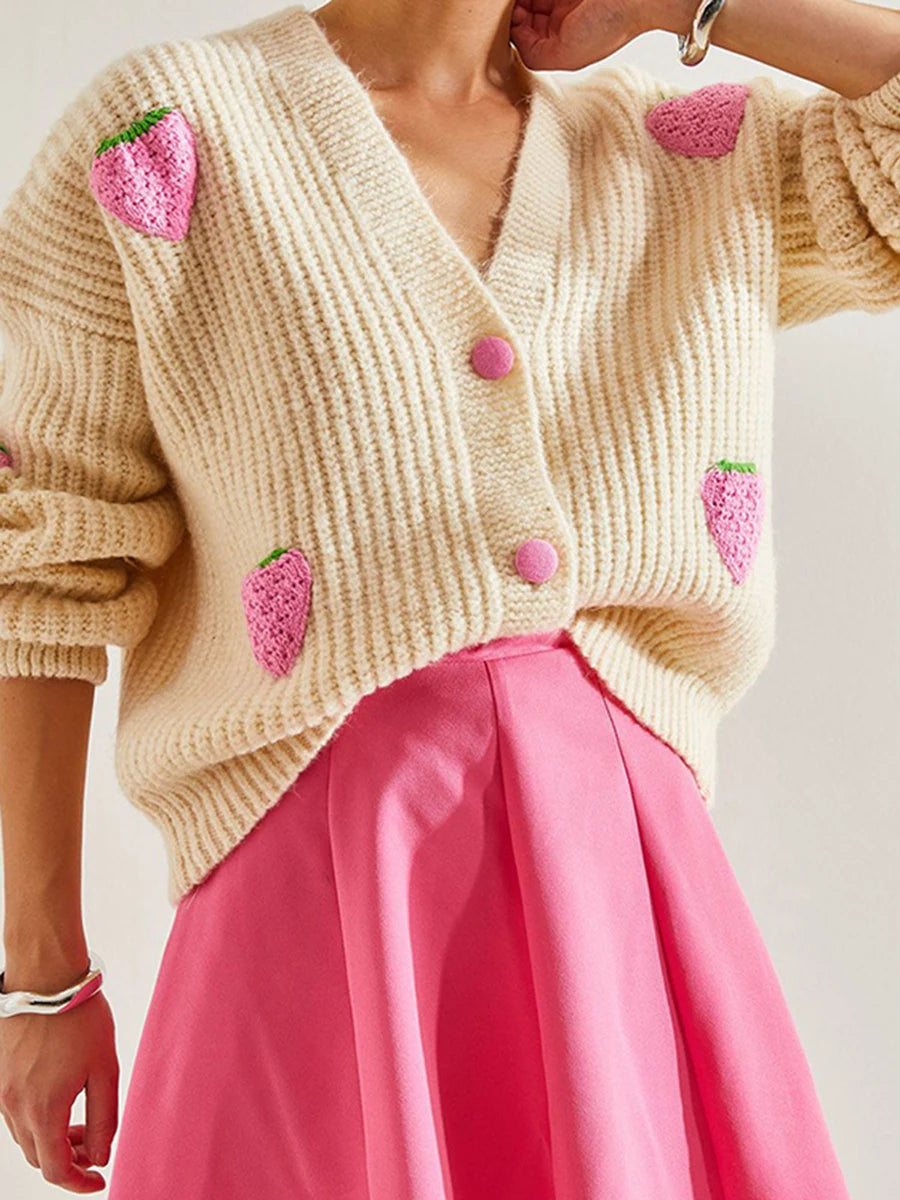 Women s Oversized Cable Knit Cardigan with V-Neckline and Ribbed Hemline Cozy Button-up Sweater in Soft Pink