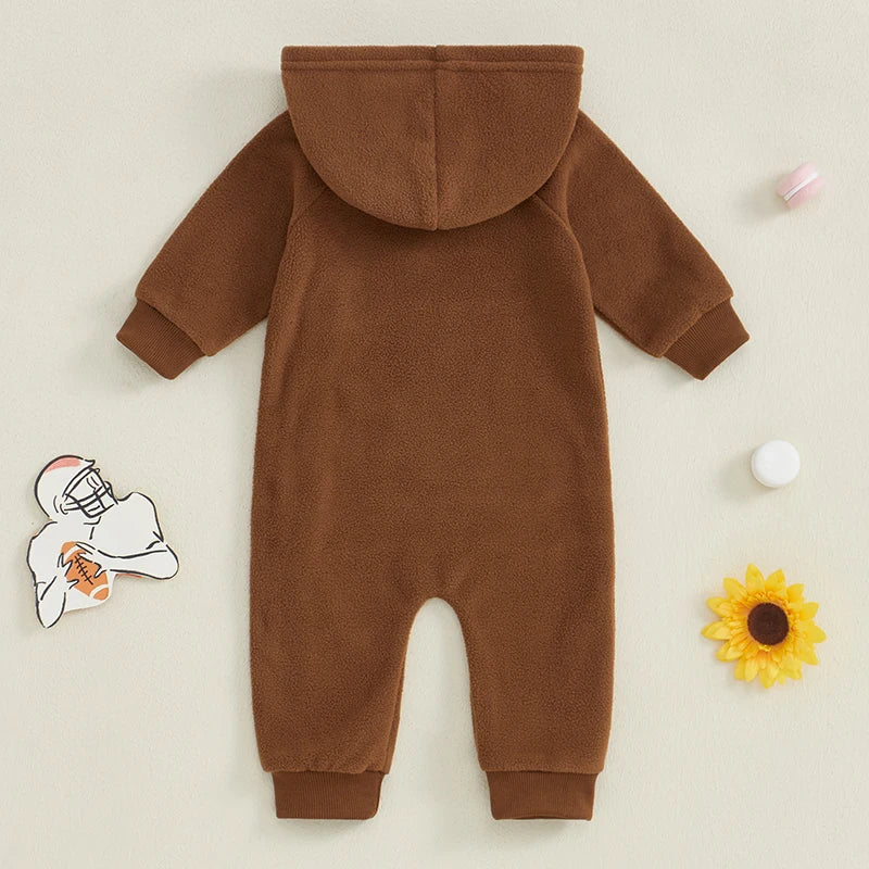 Infant Boy Soccer Playsuit Cozy Fleece Hooded Jumpsuit with Long Sleeves for Autumn Winter Season