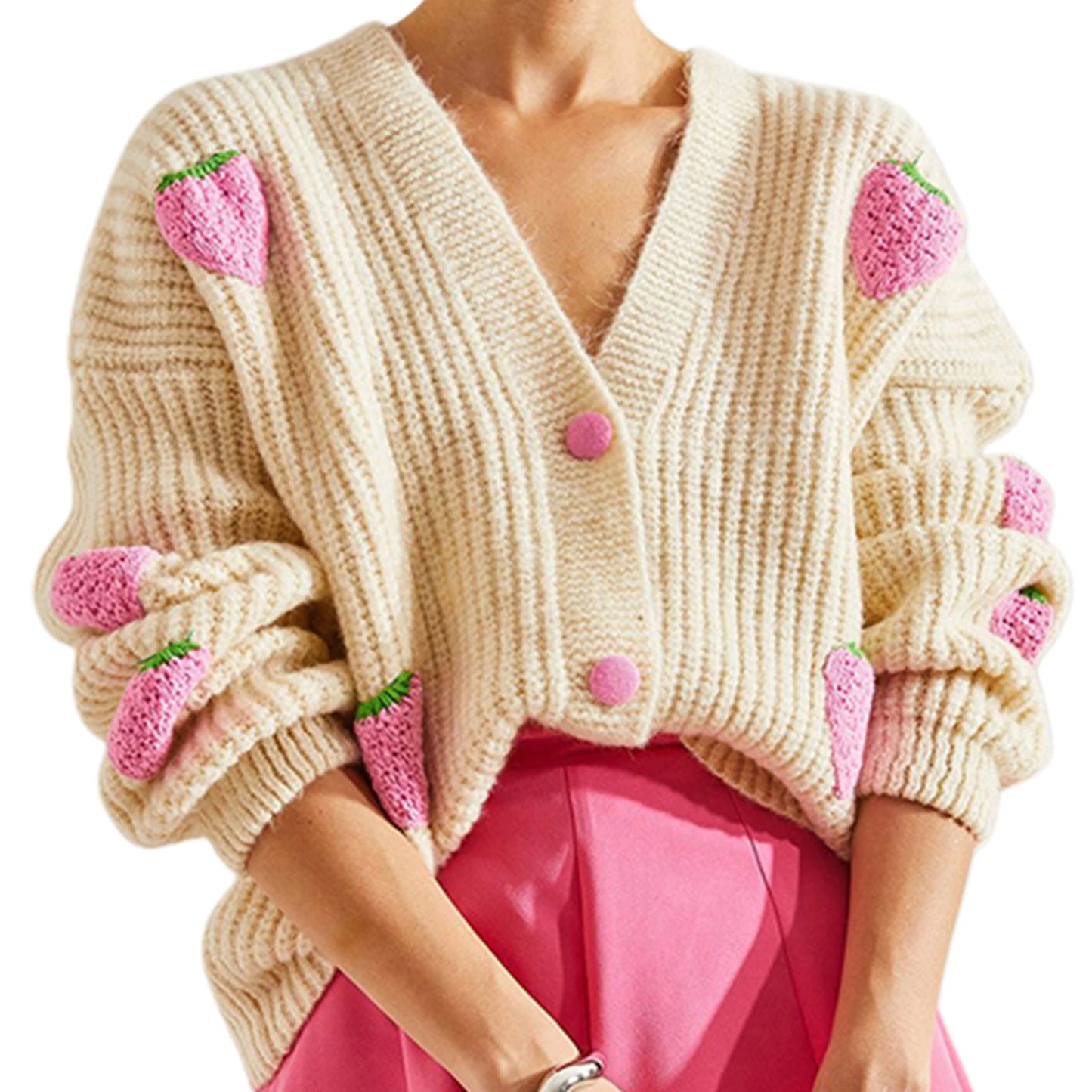 Women s Oversized Cable Knit Cardigan with V-Neckline and Ribbed Hemline Cozy Button-up Sweater in Soft Pink