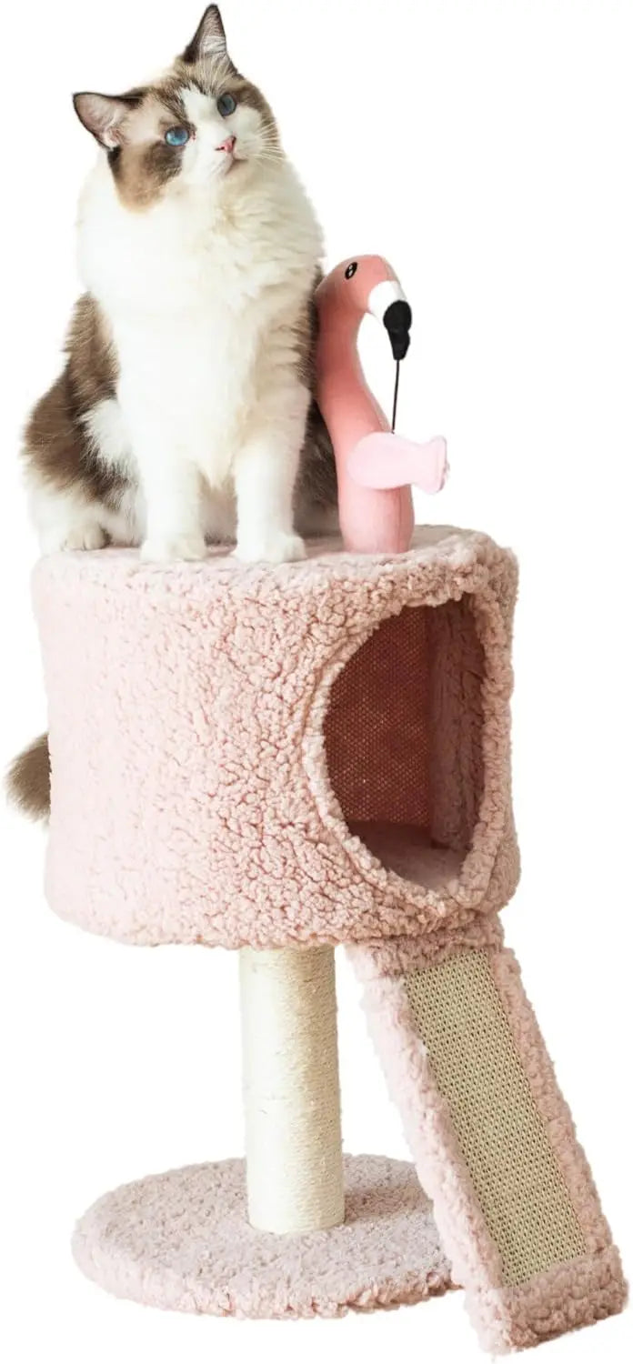29.7" Tall 3 Level Laminated Wood Cat Tree with Large Base Condo, 2 Paded Steps, Natural Jute Scratching Post, Sturdy