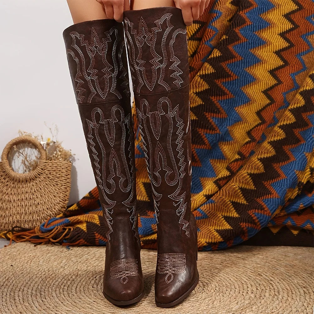 Vintage Western Cowboy Boots For Womens Fashion Embroidered Pointed Toe Chunky High Heels Party Date Thigh High Cowgirl Boots