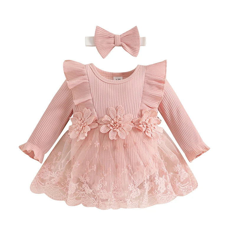Toddler Girls Floral Lace Romper Dress with Ruffled Sleeves and Bow Headband Set for Special Occasions and Photoshoots