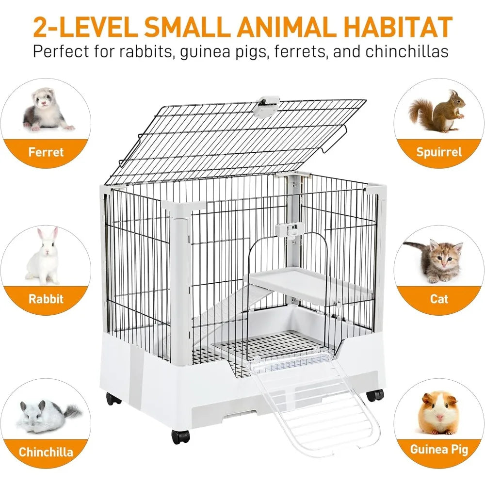 30'' Small Animal Cage 2-Level Open Top Rabbit Cage on Wheels with Pull-Out Tray for Guinea Pig, Ferret, Chinchilla, Kitten, Bu