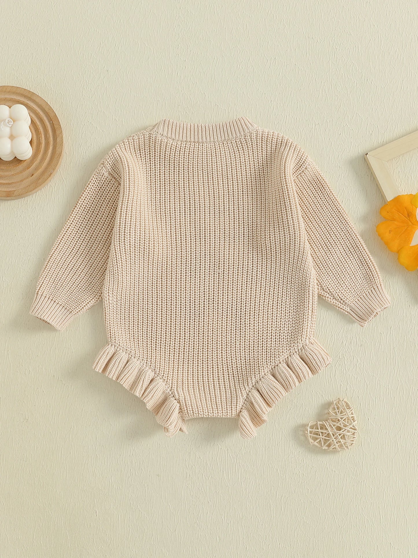 Infant Girls Knit Rompers with Embroidered Flowers and Button Closure Long Sleeve Fall Bodysuits Jumpsuits for Newborns