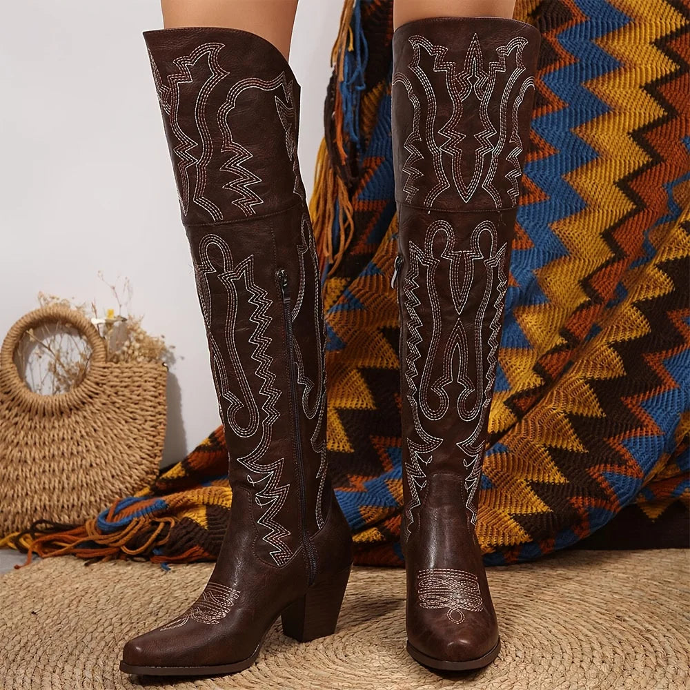 Vintage Western Cowboy Boots For Womens Fashion Embroidered Pointed Toe Chunky High Heels Party Date Thigh High Cowgirl Boots