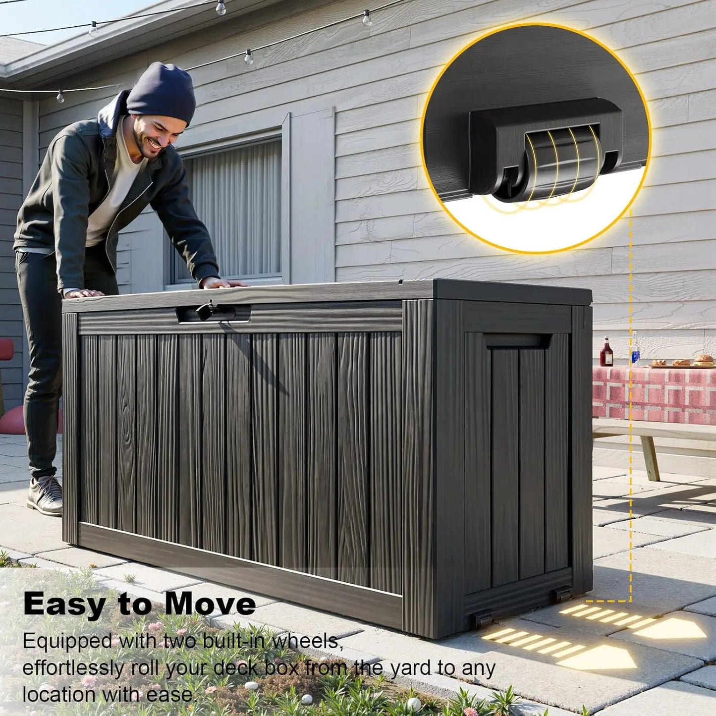 Outdoor Storage Box with Wheels – 75 Gallon Mobile Waterproof Resin Deck Box, Lockable Storage