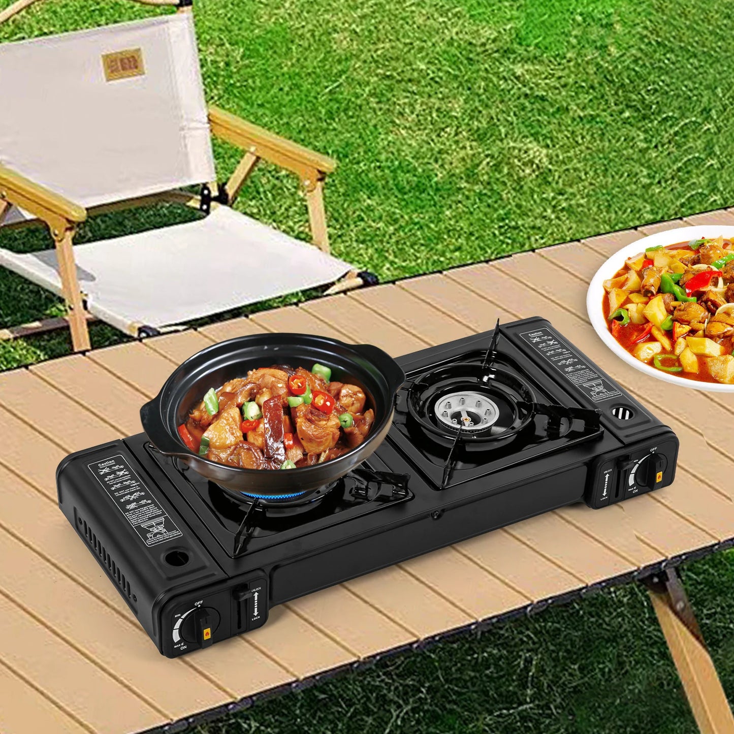 Portable double-head barbecue and boiling gas stove, outdoor portable camping gas stove, suitable for butane, adjustable flame