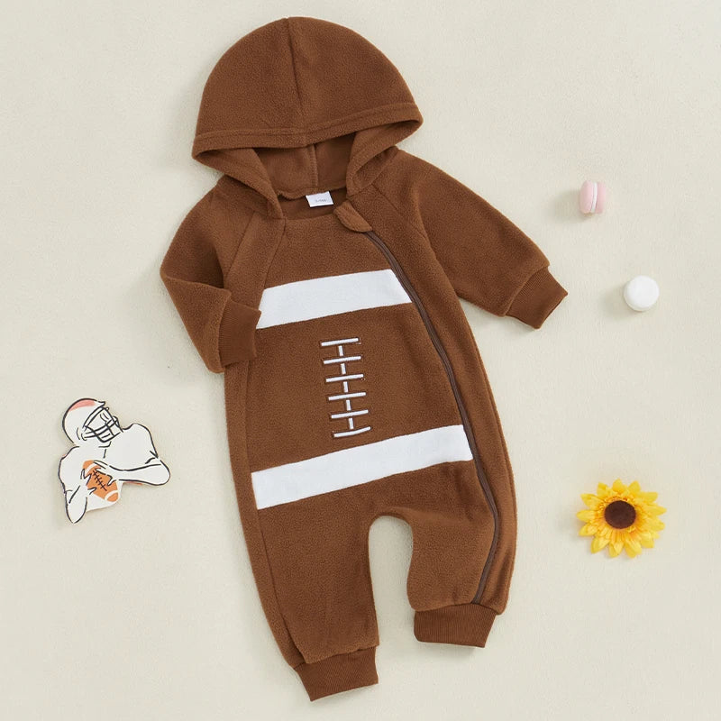 Infant Boy Soccer Playsuit Cozy Fleece Hooded Jumpsuit with Long Sleeves for Autumn Winter Season