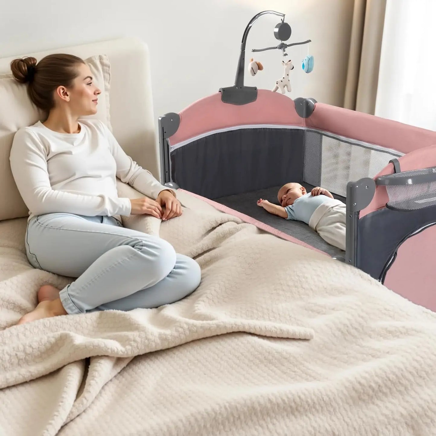 5 in 1 Baby Crib,Baby Bassinet, Bedside Cribs, Pack and Play with Changing Table, Portable Travel bedToys & Music Box