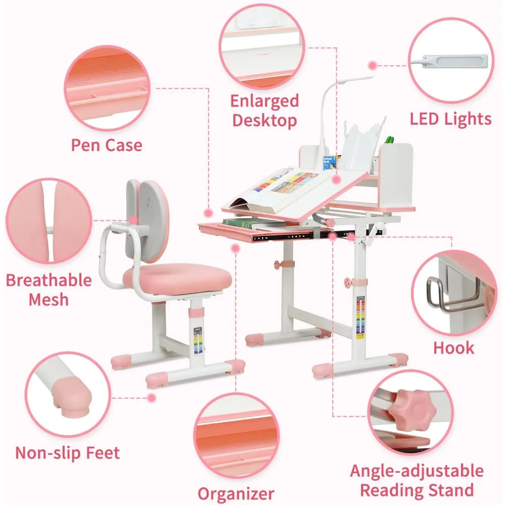 Kids Desk and Chair Set, Height-Adjustable Desk for Kids, Kid Desk with Led Lamps, Childrens Desk with 60° Tilting Tabletop, Up