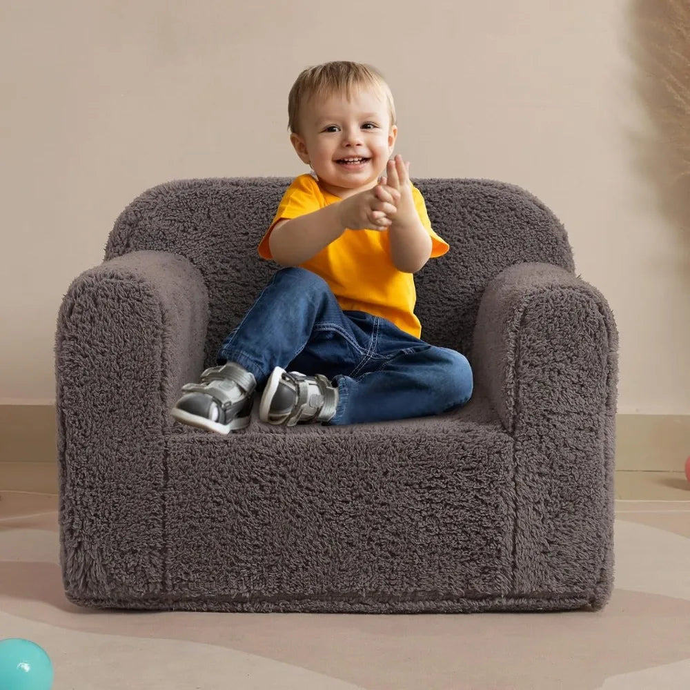 Kids Snuggly-Soft Sherpa Chair, Cuddly Toddler Foam Chair for Boys and Girls, Grey