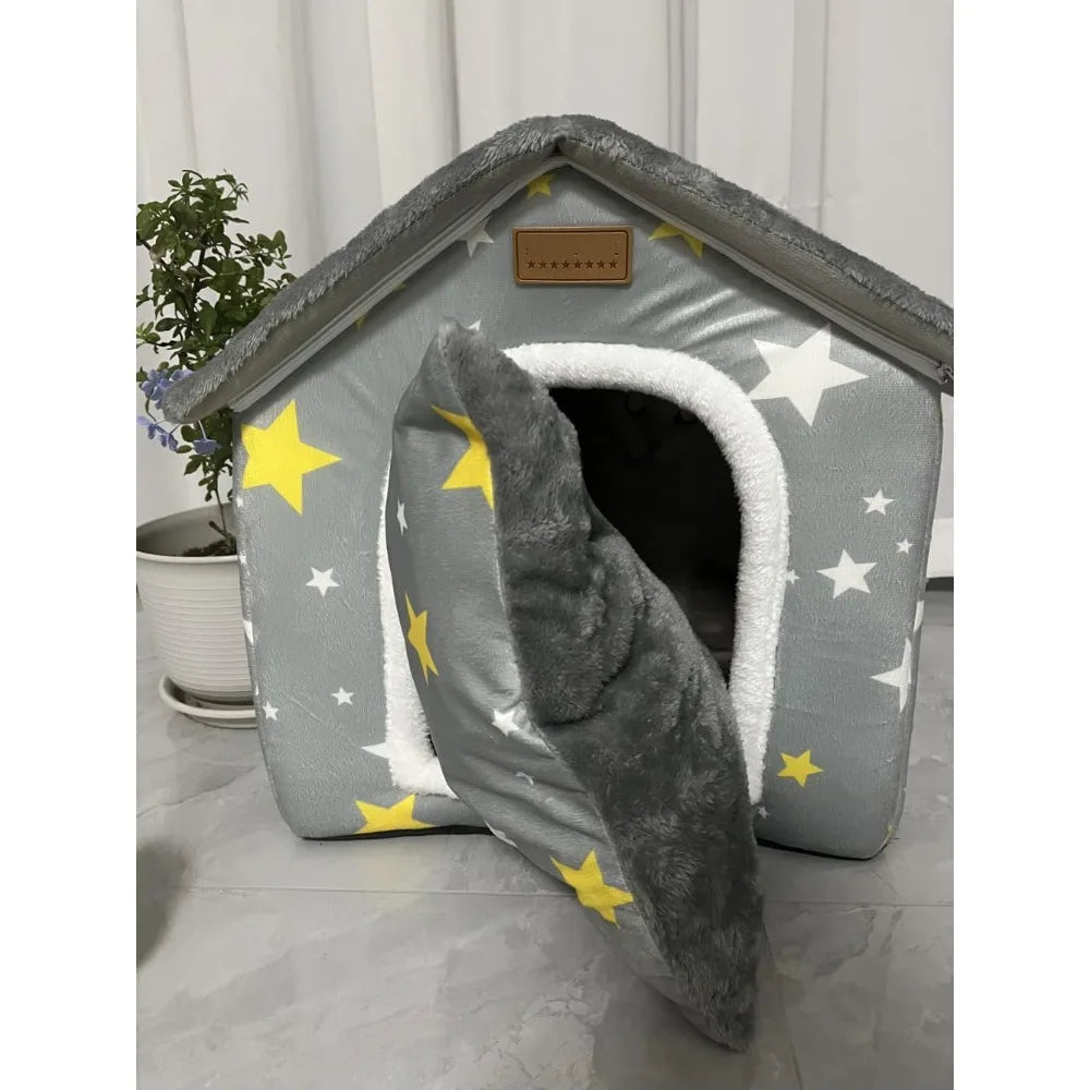Foldable Dog House Kennel Bed Mat for Indoor Pets,Enclosed Warm Plush Sleeping Nest Bed with Removable Cushion