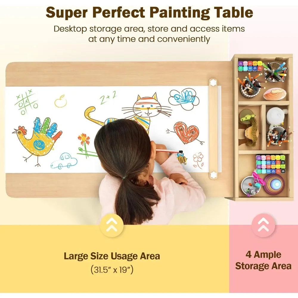 Kids Table and Chair Set, Toddler Art Craft Play Wood Activity Desk with 2 Chairs 4 Storage Canvas Bins Paper Roll